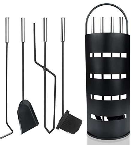 TRMLBE Kaminbesteck Schwarz 5 Teilige Modern Kamingarnitur Edelstahl Kaminofen Zubehör mit Ständer, AscheSchaufel, Besen, Schürhaken, Zange - Schwarz