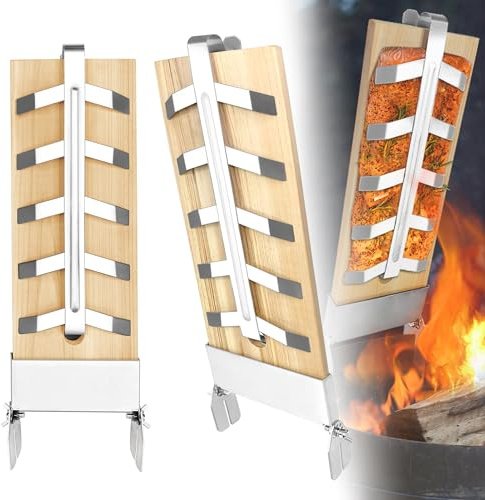 UISEBRT Flammlaxbrädor med hållare i rostfritt stål, grilltillbehör, grill, fiskhållare för klotgrill och eldskålar – set om 2