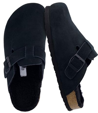 CUSHIONAIRE Hana Womens Clogs | Comfortable Vegan Suede Clogs for Women | Slip On Potato Shoes with Cork Footbed & Arch Support| Black 10
