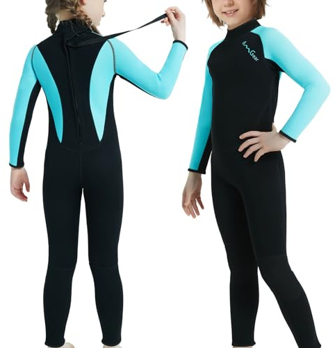 OMGear Kids Wetsuit 3mm Fullsuit for Children Neoprene Long Sleeves Swimsuits Thermal Dive Suits for Youth Boys Girls Scuba Diving Surfing Snorkeling Swimming Water Sports(Full/Light Blue,10)