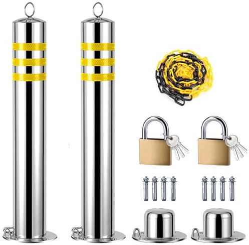 Wzmazingly 2 St Set Bil Parkeringsplats Lås Avtagbar Reflekterande Parkeringsplats Barriär Med Hänglås Och 5m Avspärrningskedja, Rostfritt Stål, Höjd 800mm