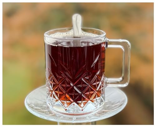 Topkapi - 6-tlg Türkisches Tee-Set Sabriye-Sultan für 2 Personen │ 2 Glas-Becher, 2 Untersetzer und 2 Löffel │ Sen & Ben Serie │ Glas mit Kristall-Design │ Wundervoll für Tee, Cappuccino, Kaffee