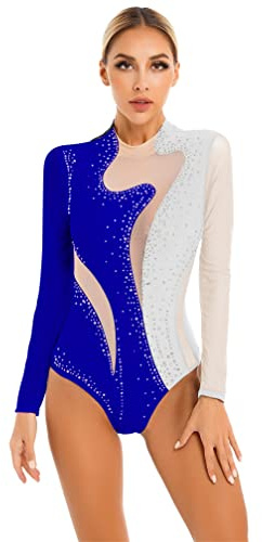 Msemis Dambody med ben, långärmad body, ståkrage, topp, gymnastikdräkt, elastisk sport, gym, balettdräkt, danskropp, leotards, Vit och kungsblå, L