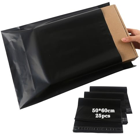 newlng 25pcs Plastikversandbeutel Versandbeutel Warenbeutel 500mm x 600mm Undurchsichtig und Reißfest mit Selbstklebende Streifen Versandtaschen für Waren Textil Logistik Transporttaschen Schwarz-Groß