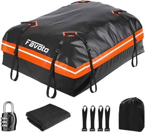 Favoto Dachtasche 425L Faltbarer Dachkoffer wasserdichte Dachbox mit Antirutschmatte Türhaken Verstärkungsgurte für PKW Autos SUVS mit/ohne Gepäckträger Reisen Gepäcktransport Schwarz-Orange