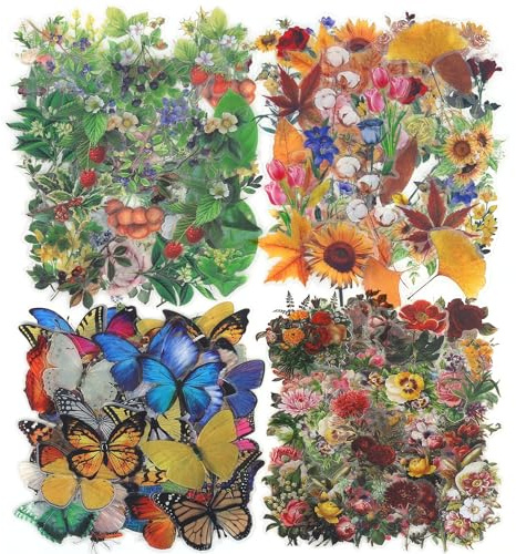 KSIWRE 240 PCS Transparent Flower Butterfly Stickers Set,Pretty Floral Decorative Retro Decals,Botanical Floral Journaling Sticker for Scrapbooking Laptop Phone Case