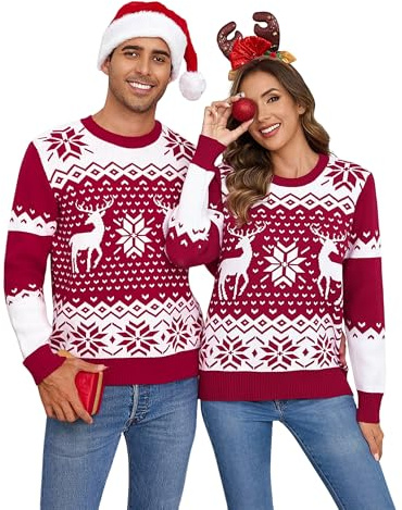 Demegimi Pull de Noël Homme Adultes Col Rond Pull Homme Sweat à Manches Longues Sweat de Noël pour Hommes avec Renne,Flocons de Neige