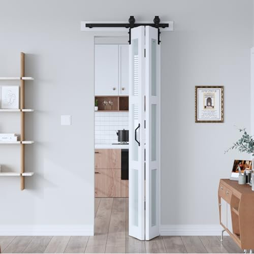 EaseLife 24x 84 (Double 12 x 84) Bifold Barn Door, Bifold Sliding Barn Door with Hardware Kit, Solid MDF Wood Slab Covered with Water-Proof PVC Surface, Frosted Glass Panel, Assembly Required