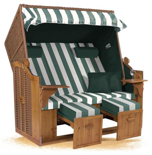 Strandkorb Hanse Strandkorb Ostsee ROYAL XXL Volllieger - 2,5 Sitzer 150cm extra breit - ideal für Garten, Terrasse oder Balkon (Grau Grün Weiß Gestreift, Montiert)
