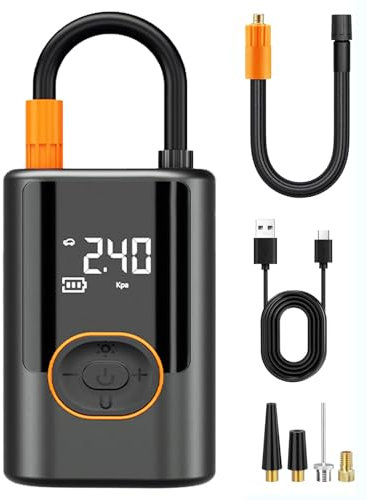 Electric Bike Pump,Tyre Inflator Air Compressor,150PSI Portable Bicycle Tire,Digital Display with 4 Nozzle Adaptors and LED Light/Power Bank for Car Motorcycle Bicycle Balls