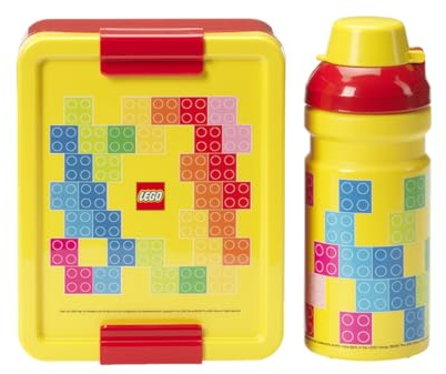 Room Copenhagen Lego Lunch Set - Brick Pattern, Fun & Functional 390ml Bottle & Lunch Box for Kids & Adults, Dishwasher Safe, for Meals on The Go, Yellow and Red