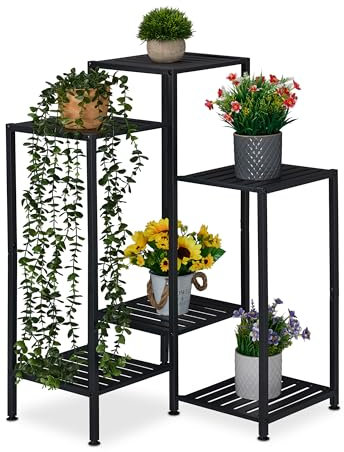 Relaxdays Blumenregal aus Metall, 6 Ablagen für Blumen- & Pflanzentöpfe, Pflanzentreppe, HBT: 81 x 55 x 55 cm, schwarz
