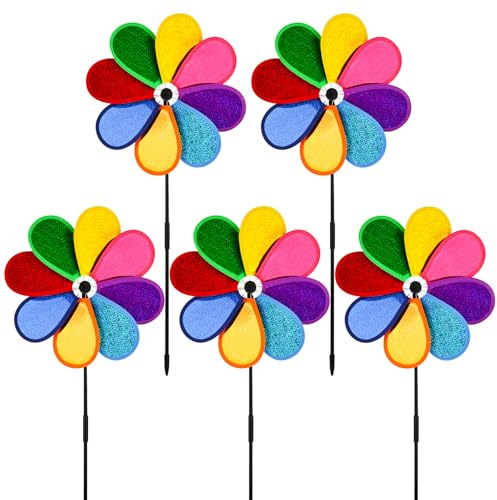YYTECH 5 scacciapensieri a forma di fiore, 30 cm, arcobaleno Sparkly, mulino a vento da giardino, per prato, giardino, terrazza, balcone, decorazione da giardino