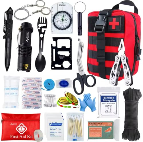 Kit Supervivencia UE 2025 Botiquines Primeros Auxilios Equipo Completo de Supervivencia 72h Kit de Emergencia para Viajar Caminar Acampar al Aire Montaña (Rojo)