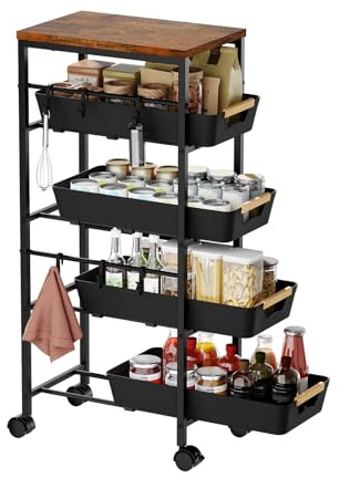 Landmok 5-Tier Slim Storage Cart, Wooden Top Rolling Kitchen Cart with Pull-Out Baskets & Wheels, Narrow Space Utility Cart Slide Out Organizer for Kitchen, Bathroom, Laundry Room, Black