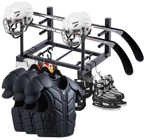 Otoolling 18.1 x 14.2 x 11.2 Inches Hockey Gear Drying Rack Wall Mount Ice Hockey Stick Holder with 4 Hooks and 4 Clips Metal Equipment Dryer Display Storage Organizer for Lacrosse