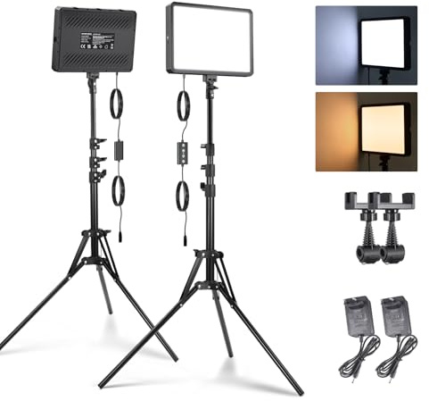 NEEWER Basics Paquete de 2 25W LED Video Panel Iluminación Kit, 2 59 Trípodes,4 Zapatas Frías,2880lx/0,5m 2700-6500K Regulable Panel Luz para Estudio Fotografía Grabación Video Live Streaming, BP25B