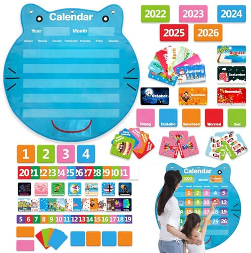 Rechory Calendrier de poche pour salle de classe | Calendrier mensuel à tête de chat pour mur – tableau d'apprentissage préscolaire pour , étudiants, maternelle, chambre à coucher