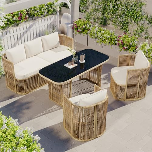 Set di 5 mobili da giardino in rattan PE con divano a 3 posti, 2 poltrone e tavolo in vetro, per esterni con cuscino in poliestere, telaio in acciaio e piano in vetro temperato per terrazza e balcone
