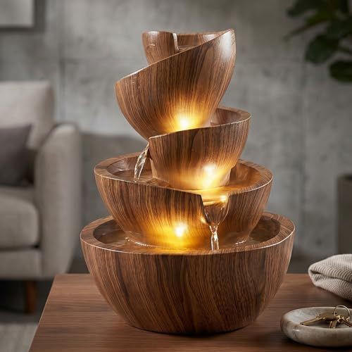Fuente LED para interior y exterior de polirresina, 39 cm de alto, con focos LED de color blanco cálido, fuente de jardín, fuente decorativa para salón, oficina y jardín (aspecto de madera de nogal)