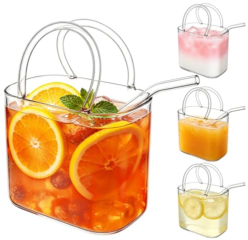 Guniata 4 vasos de cristal con pajita, vasos de 26 oz con pajita, vasos de cristal en forma de bolso, jarrón decorativo multiusos para cócteles, zumos y flores (transparente)
