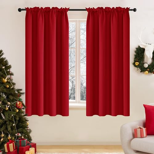Deconovo Blackout Christmas Curtains, Thermal Insulated Rod Pocket Window Drapes, Noise Reducing, Oeko-TEX Certified, Room Darkening Curtains for Bedroom/Living Room, 2 Panels, Red, 42W x 45L