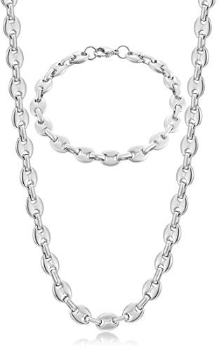 AFSTALR Halskette Herren Edelstahl 6mm Kaffeebohne Kette Armband Set für Männer Silber 51CM Hip Hop Halskette Plattenkette für Herren