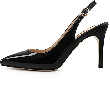 JOY IN LOVE Kitten Heels für Frauen Slingback Pumps Sandalen Spitze Zehen Pumps, Schwarz Lack, 38.5 EU