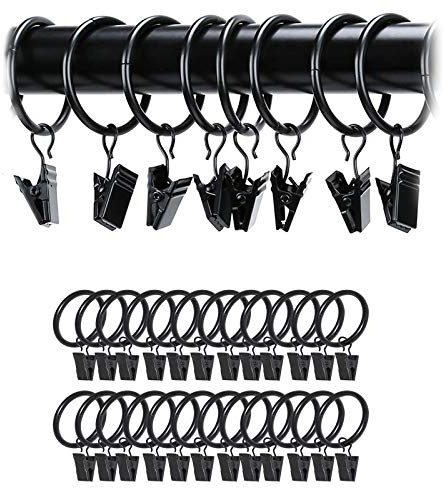 Anelli per aste per tende nere, confezione da 24 anelli in metallo antiruggine con gancio/appendiabiti con occhielli per sostenere aste per tende pesanti e tendaggi (38 mm)