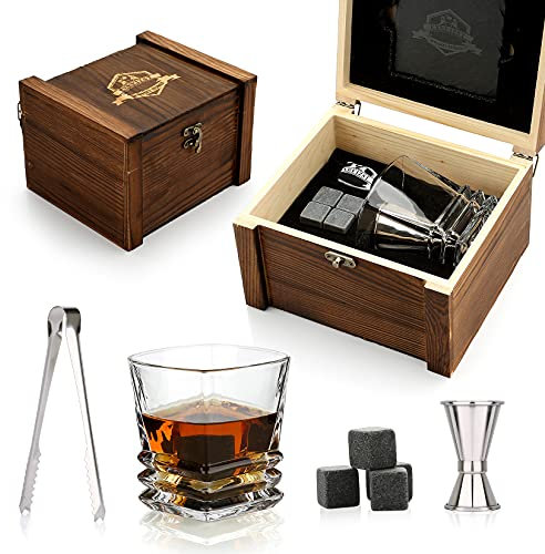 Whisky Stones Gift Set - Whisky Glass and Stones - Granite Chilling Whisky Rocks - Scotch Bourbon Whisky Glass Gift Box Set - Best Drinking Gifts for Men Dad Husband Birthday Party Holiday Present