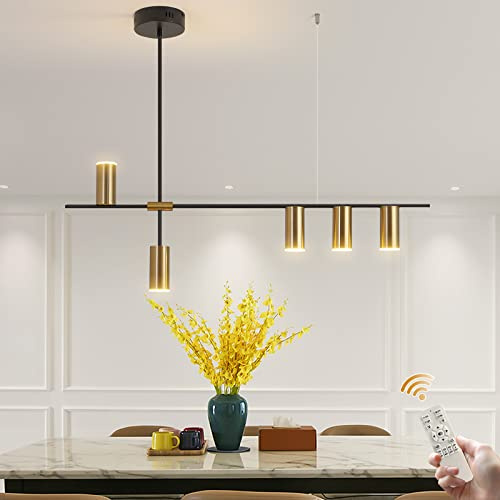 Siittoo Modern Kitchen Island Light with Remote, Dimmable LED Linear Pendant Light, 39.3 Black Gold Dining Room Light Fixture Over Table (30W, 5-Light)