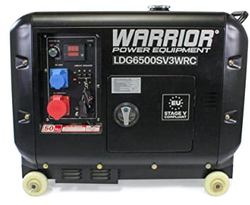 Warrior 6.25kVa Diesel Generator with Wireless Remote – 186cc 3-phase ready Engine, 5500 Max Watts, Electric Start, 12-hour run time, Quiet Running at 68dBA, For Industrial Construction Catering