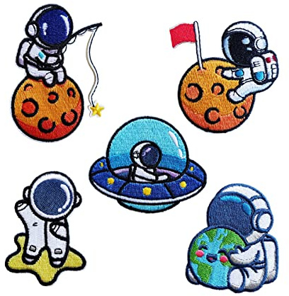 Fun Self-Adhesive Cartoon Astronaut Patch, 5PCS Funny Astronaut Play The Moon Stars Patch, Decorative Embroidered Patch Sticker for Bags Backpacks Jacket