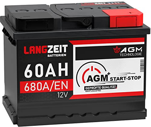 LANGZEIT AGM Batterie 60Ah 12V 680A/EN Start-Stop Autobatterie VRLA Batterie