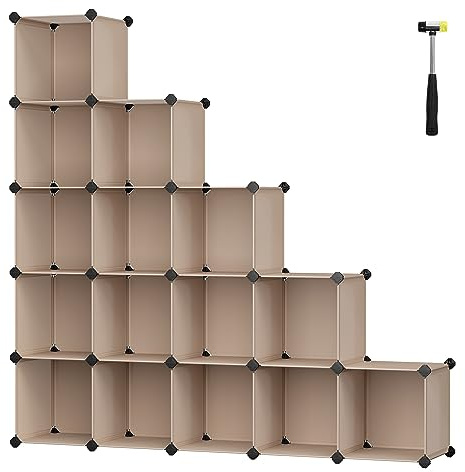 SONGMICS 16-Cube Storage Unit, Shoe Rack, DIY Shelving System, Stackable Cubes, PP Plastic Shelf, Wardrobe, Closet Divider, for Bedroom, Office, 31 x 123 x 123 cm, Tan LPC442K01