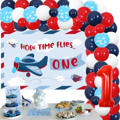 Airplane 1st Birthday Decorations for Boy - Airplane Balloons Garland Arch Kit Red Blue, How Time Flies Backdrop, Number 1 Foil Balloons for Baby First Birthday Party