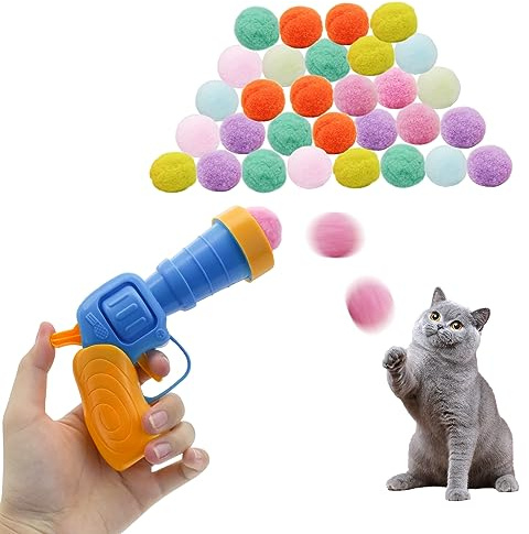 Andiker Cat Toy Ball Set, 30pcs Plush Cat Pom Pom Balls & 1 Plastic Cats Fetch Toy Launcher Set for Kitten Catch Fetch Interactive Cat Toy with Colorful Cat Ball for Indoor Cats (30 Balls+1 Launcher)