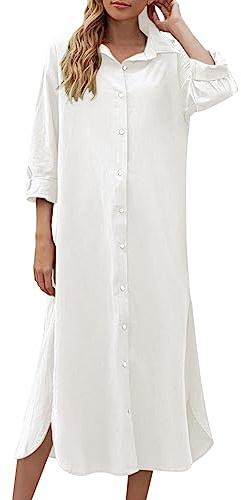 Skjortklänning dam lång, lös, bomullslinne, fritidsklänning för kvinnor button down sommarklänning funky lös fodralklänning dam med slits, långärmad skjorta klänning, blusklänning dam sommar