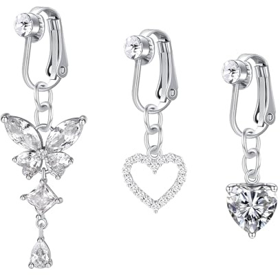 MODRSA Piercing Ombelico Finto Argento Cuore Finto Piercing Ombelico Chirurgico Acciaio Clip False Ombelico Pendente Farfalle Non Piercing Gioielli