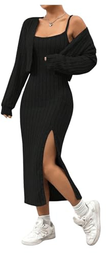 GORGLITTER Women's Ribbed Knit Dress Outfits 2 Piece Sleeveless Bodycon Midi Dress and Long Sleeve Cardigan Knitted Set Black M