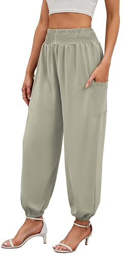 Neineiwu Haremshose Damen Lang für Sport Workout-Yogahose Jogginghose Sommerhose Leicht Weiche Lockere Bequem mit Groß Taschen,Khaki,M