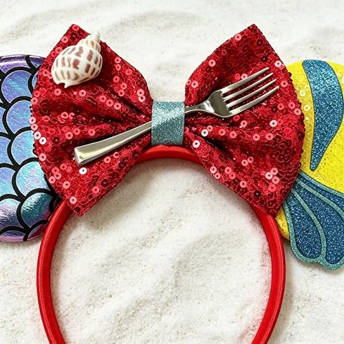 Bmobuo Mermaid Mouse Ears Headband for Women, Fish Scales Mouse Ears Sequin Bows Headband Mouse Ears for Adult Park Ears