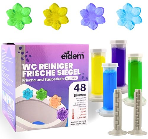 eidem Tampon gel WC | 4 × parfums : océan, gardénia, citron, lavande | 4 × 40 g = 160 g | 48 utilisations | Avec applicateur et forme de fleur | Pour une fraîcheur hygiénique à chaque chasse
