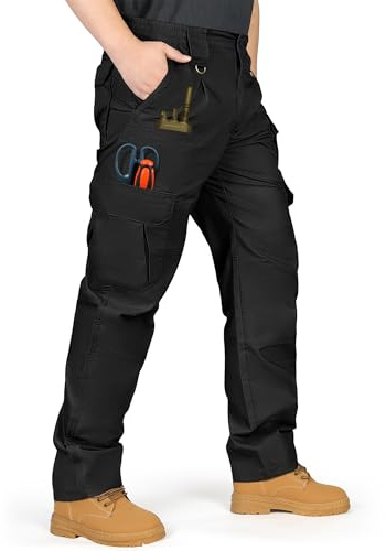 IGOLUMON Mens Work Trousers Cargo Trousers Stretch Tactical Pants Multi-Pockets with Semi Elasticated Waist for Hiking Casual Outdoor Camping Black 34W/30L