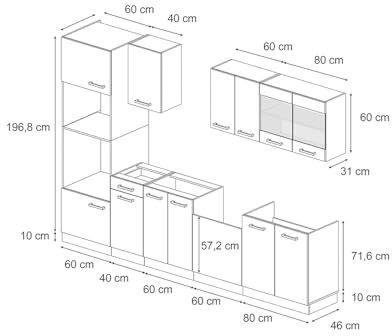Vicco Küchenzeile R-Line, Edelgrau/Goldkraft Eiche, 300 cm mit Hochschrank, ohne Arbeitsplatte