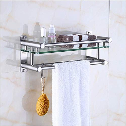 Mxxephemer Supporto per Vasca Doppio in Acciaio Inox per Bagno e divisorio in Vetro temperato, portasciugamani per Hotel con Gancio 40/50 cm (2 Ripiani da 50 cm) (1 ripiano da 50 cm)