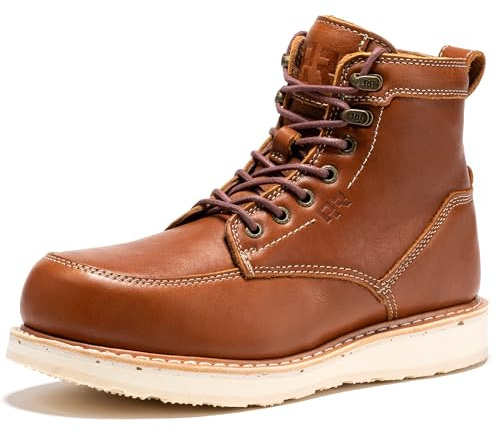 ROCKROOSTER Edgewood Moc Toe Work Boots for Men, 6 Steel Toe Wedge Non-Slip Rubber Outsole Safety Boot, Brown Leather Roofer Asphalt Boots, Comfort, Anti-Fatigue, ASTM F2413-18 EH (SAP610 US 9.5)