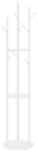 eSituro Garderobenständer weiß, Baumform Kleiderständer mit 3 Ablagen Marmorbasis, Garderobe stehend mit 9 Haken, Mehrzweck Standgarderobe, für Schal Tasche Regenschirm, aus Metall