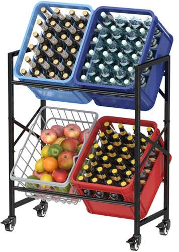 Lifewit Estantería para Bebidas con Ruedas para 4 Cajas, Estantería Metálica para Bebidas, Capacidad 300 kg, Pintura Antiarañazos, Estantería Estable para Cajas de Cerveza, Verduras y Agua