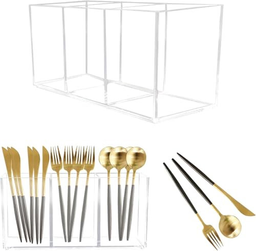 Dnoifne Portaposate in Acrilico Trasparente con 3 Scomparti, Organizer da Cucina per Forchette, Coltelli e Cucchiai, Contenitore Multiuso dal Design Minimal